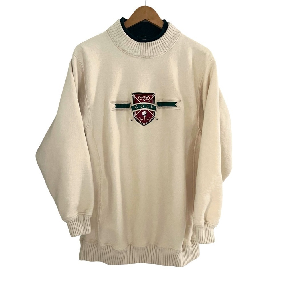 Vtg 90s Nutmeg Mills Men’s Sz L Cream Heavyweight Golf Tour Sweatshirt Sweater